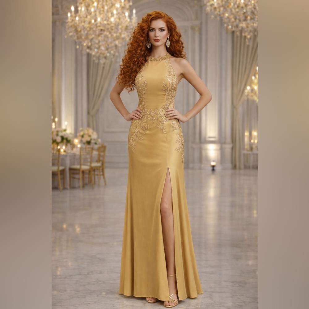 NWOT Gold Champagne Women’s Formal Military Kentucky Derby Wedding Gale Gown 10